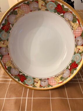 Decorative Holiday Rim Porcelain Serving Bowl - Red, Green, Gold